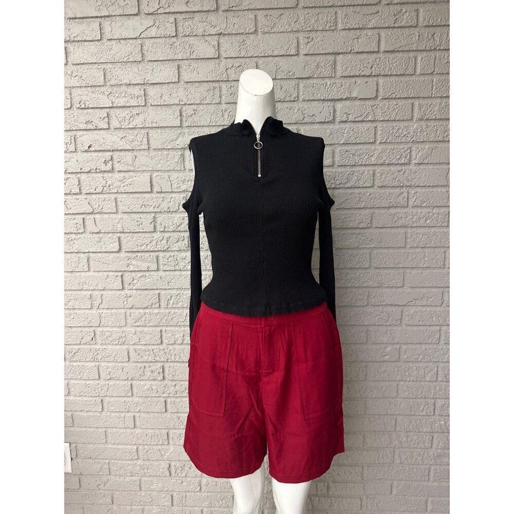 Women Black Ribbed Cold Shoulder Long Sleeve Quarter Zip Top Size S